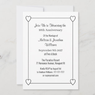 Invitación Décimo Aniversario Corazones Blanco y Negro Elegan