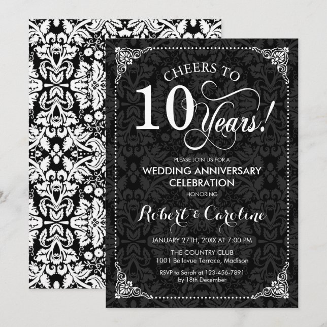 Invitación Décimo aniversario de boda - Damask negro y blanco (Anverso / Reverso)