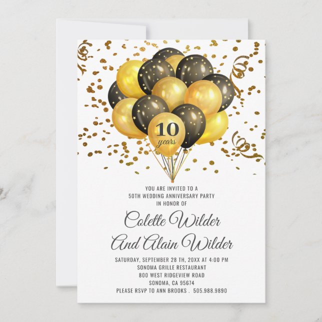 Invitación Décimo Aniversario de Boda Dorado y Negro sobre Bl (Anverso)