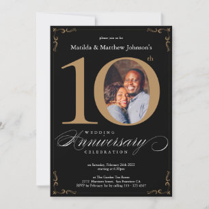 Invitación Décimo aniversario de bodas Caligrafía en negro y 