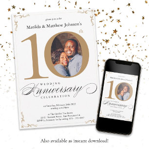 Invitación Décimo aniversario de bodas con caligrafía en oro 