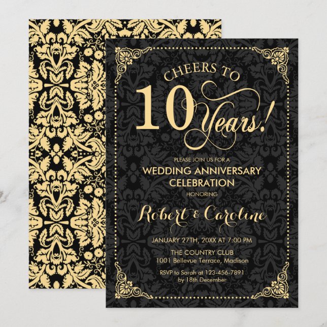 Invitación Décimo aniversario de bodas - Damasco negro dorado (Anverso / Reverso)