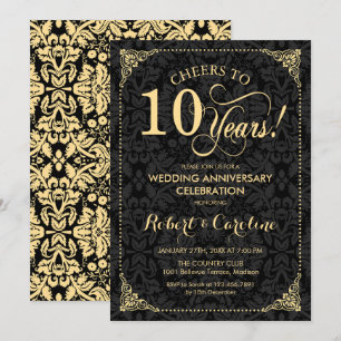 Invitación Décimo aniversario de bodas - Damasco negro dorado