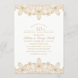 Invitación Décimo aniversario de bodas elegante encaje dorado