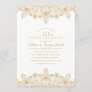 Invitación Décimo aniversario de bodas elegante encaje dorado