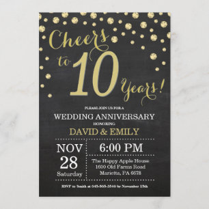 Invitación Décimo aniversario de bodas Pizarra Negro y Dorado