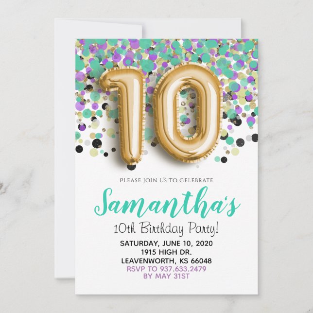 Invitación Décimo cumpleaños - Confetti de oro (Anverso)