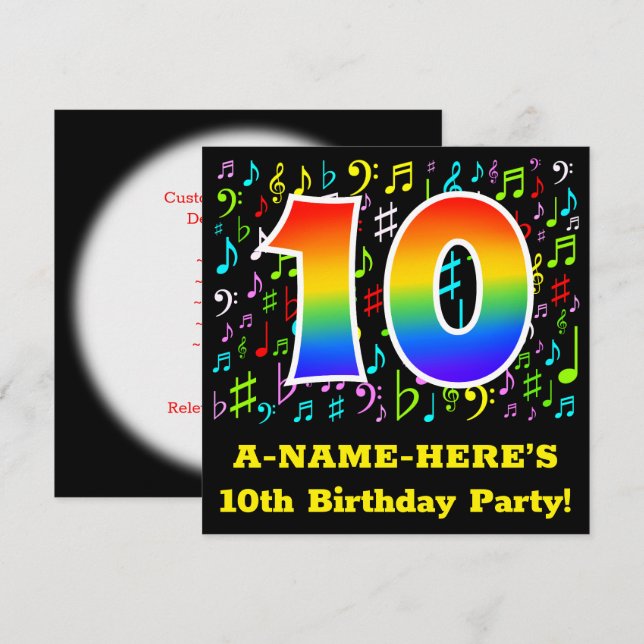 Invitación Décimo cumpleaños: Símbolos musicales divertidos,  (Anverso / Reverso)