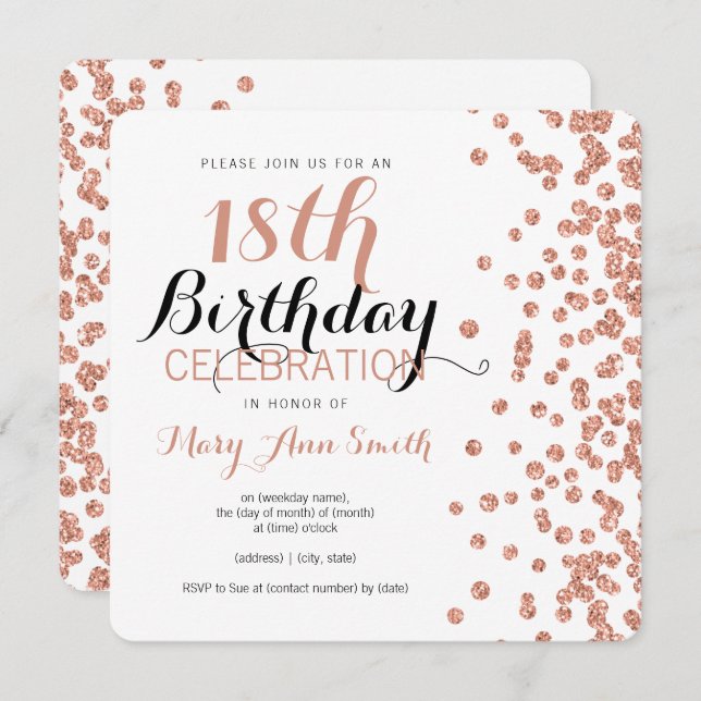 Invitación décimo octavo Falso confeti subió cumpleaños del (Anverso / Reverso)