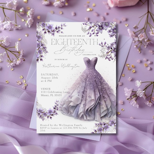 Invitación Decimoctavo 18 Cumpleaños Vestido Lilac Púrpura Fl (Subido por el creador)