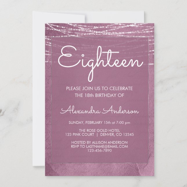 Invitación Decimoctavo Purple String Lights Fiesta de Cumplea (Anverso)