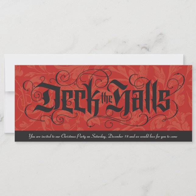 Invitación Deck the Halls Elegant Red Black Navidades (Anverso)