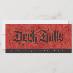 Invitación Deck the Halls Elegant Red Black Navidades