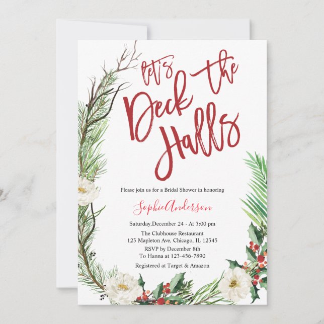 Invitación Deck the Halls Navidades Bridal Shower (Anverso)