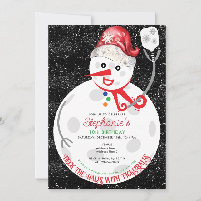 Invitación Deck the Halls Navidades Pickleball Birthday Party (Anverso)