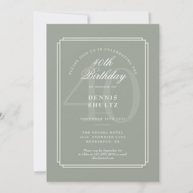 Invitación Deco Clásico | Cumpleaños 40 Sage y Blanco (Anverso)