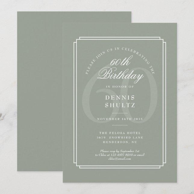 Invitación Deco Clásico | Cumpleaños 60 de Sage y Blanco (Anverso / Reverso)