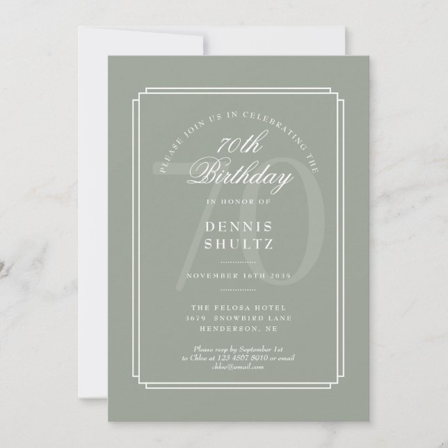Invitación Deco Clásico | Cumpleaños 70 Sage y Blanco (Anverso)