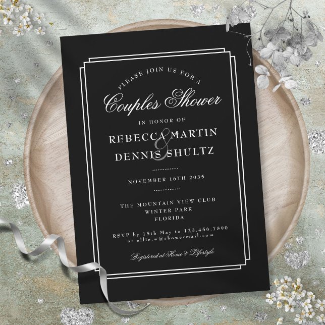 Invitación Deco clásico | Ducha de parejas negras y blancas (Classic Deco | Black and White Couples Shower Invitation)