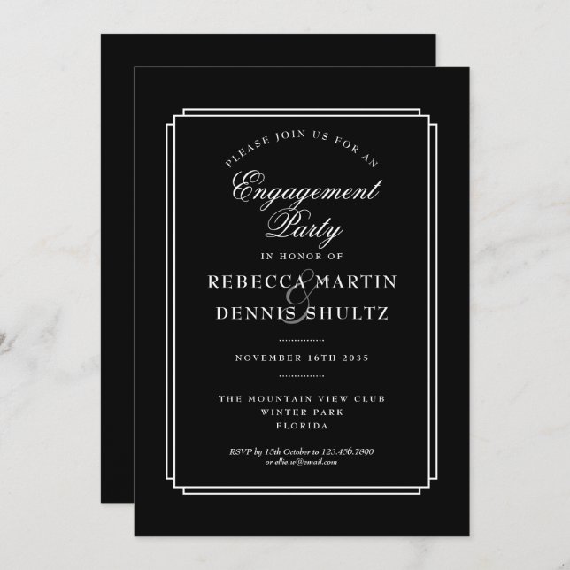 Invitación Deco clásico | Partido de compromiso blanco y negr (Anverso / Reverso)