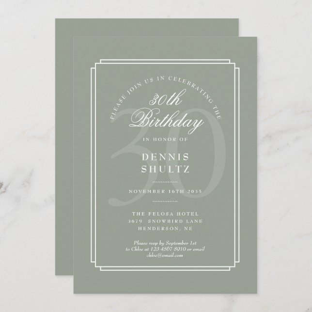 Invitación Deco clásico | Sabio y Blanco 30 cumpleaños (Anverso / Reverso)