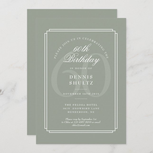 Invitación Deco clásico | Sage y White 60 cumpleaños (Anverso / Reverso)