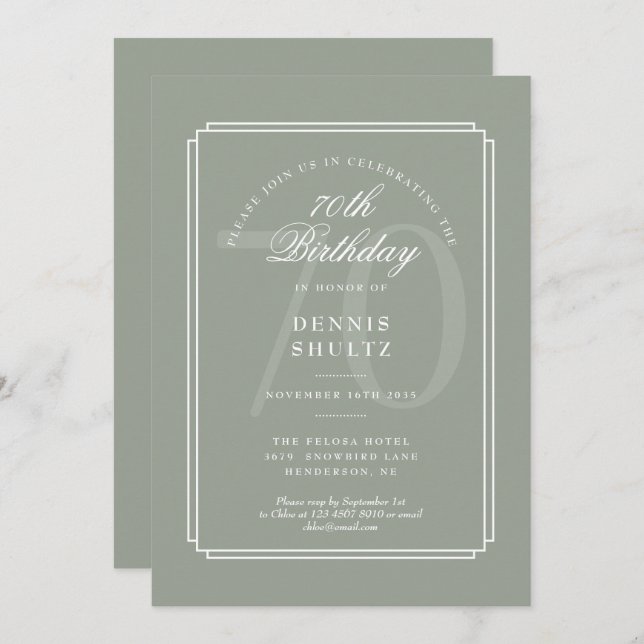 Invitación Deco clásico | Sage y White 70 cumpleaños (Anverso / Reverso)