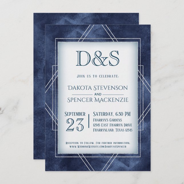 Invitación Deco de arte azul geométrico | Boda de monograma m (Anverso / Reverso)