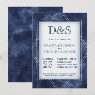 Invitación Deco de arte azul geométrico   Boda de monograma m