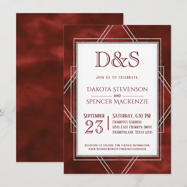 Invitación Deco de arte rojo geométrico | Boda de monograma m (Anverso / Reverso)