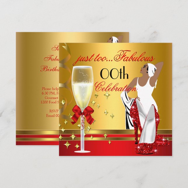 Invitación Deco Lady Red Gold Demasiado Fabulosa Fiesta de Cu (Anverso / Reverso)