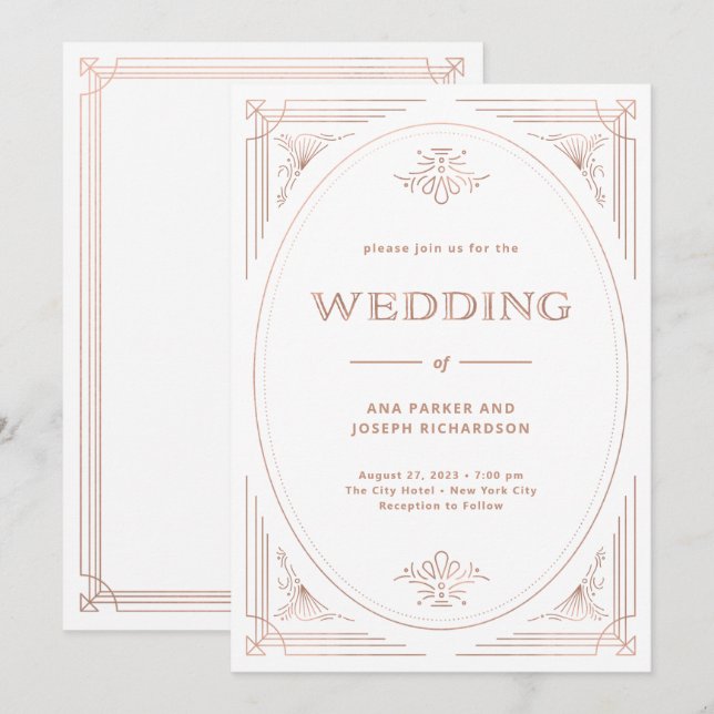 Invitación Deco moderno | Boda de oro y blanco falso Rosa (Anverso / Reverso)