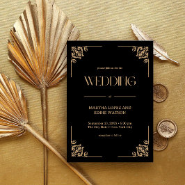 Invitación Deco Moderno | Boda Elegante de Negro y Dorado