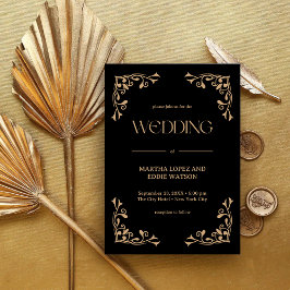 Invitación Deco Moderno | Boda Elegante de Negro y Dorado