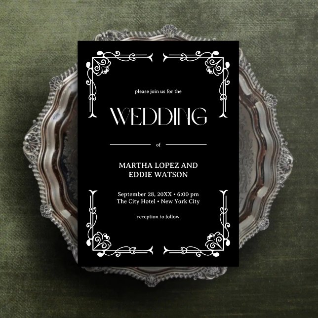 Invitación Deco Moderno | Boda elegante de onix negro y blanc (Modern deco onyx black and white invitation adds timeless style to your personalized wedding.)
