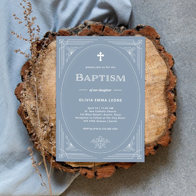 Invitación Deco moderno | Elegante Bautismo azul y blanco tur (An elegant, dusty blue and white Baptism invitation for a boy or a girl)
