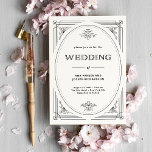 Invitación Deco moderno | Elegante Boda blanco y negro<br><div class="desc">Estas glamorosas invitaciones a bodas en blanco y negro presentan un giro moderno en el arte clásico del deco. Un marco geométrico y ornamental ornamentado con motivos negros decoran un elegante fondo blanco que le da un toque de bodas espectacular y vintage.</div>