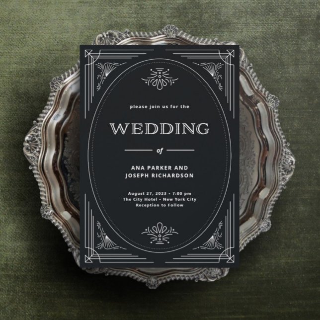 Invitación Deco moderno | Elegante Boda blanco y negro onyx (An elegant and dark art deco wedding invitation, perfect if black is one of your wedding colors.)