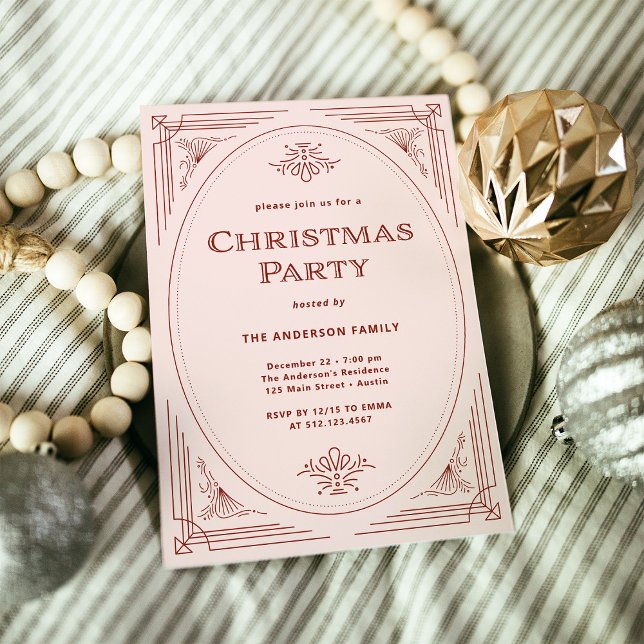 Invitación Deco moderno | Elegante Fiesta de Navidades rosado (An elegant, blush pink and red art deco style Christmas party invitation)