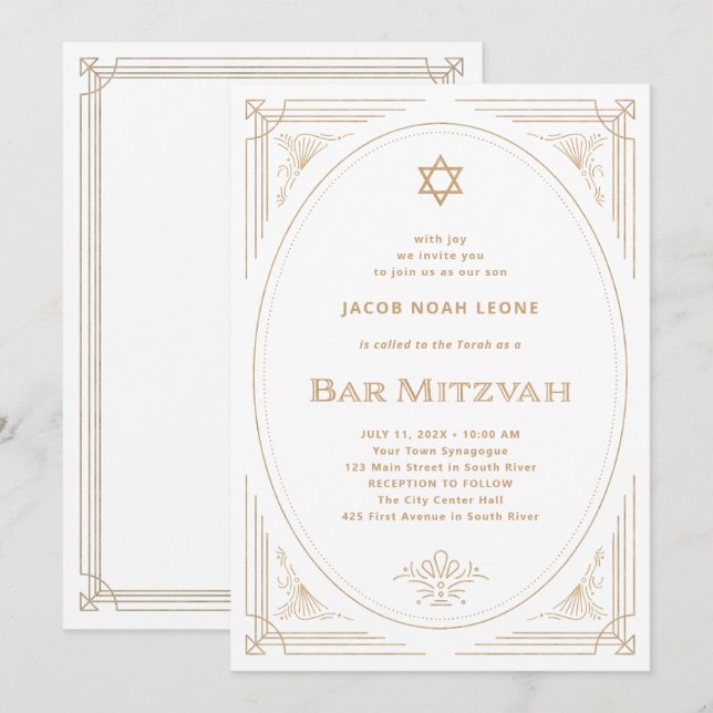 Invitación Deco moderno | Faux Gold and White Bar Mitzvah (Anverso / Reverso)