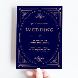 Invitación Deco moderno | Faux Rosa Gold y Navy Blue Boda