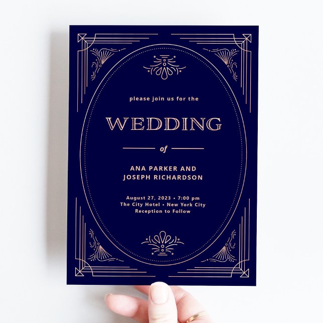 Invitación Deco moderno | Faux Rosa Gold y Navy Blue Boda (Subido por el creador)