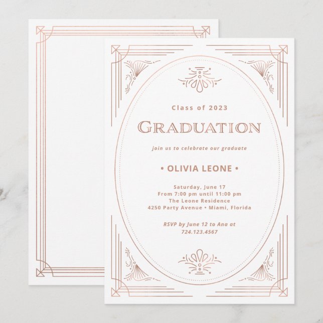 Invitación Deco moderno | Faux Rosa Gold y White Graduation (Anverso / Reverso)
