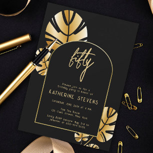 Invitación Deco Tropical Leaf Gold Boho Frame 50 cumpleaños