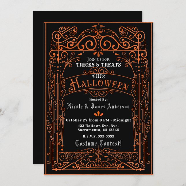 Invitación Deco victoriano negro y Naranja de Halloween (Anverso / Reverso)