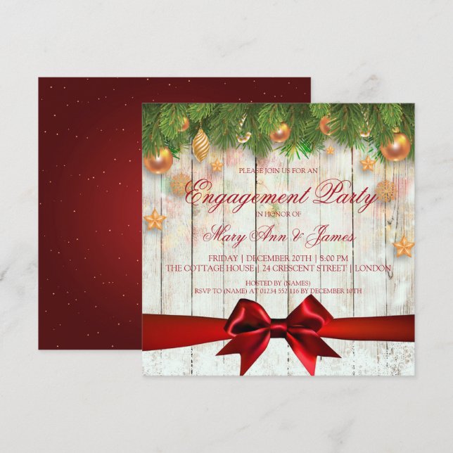 Invitación Decor dorado y cinta roja del partido de compromis (Anverso / Reverso)