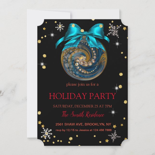 Invitación Decoración azul navidad, diamantes y copos de niev (Anverso)