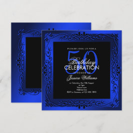 Invitación Decoración clásica azul con marco para los 50 años