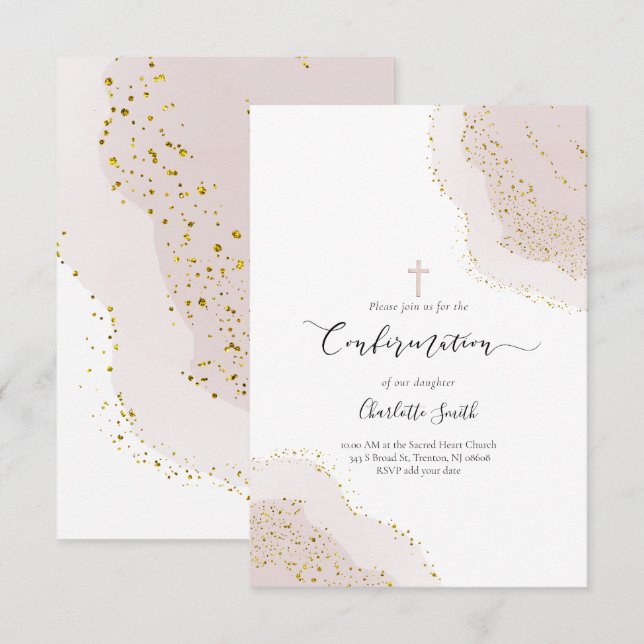 Invitación Decoración de agate rosa de acuarela de confirmaci (Anverso / Reverso)
