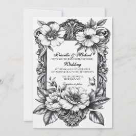 Invitación Decoración de boda vintage floral en negro y blanc